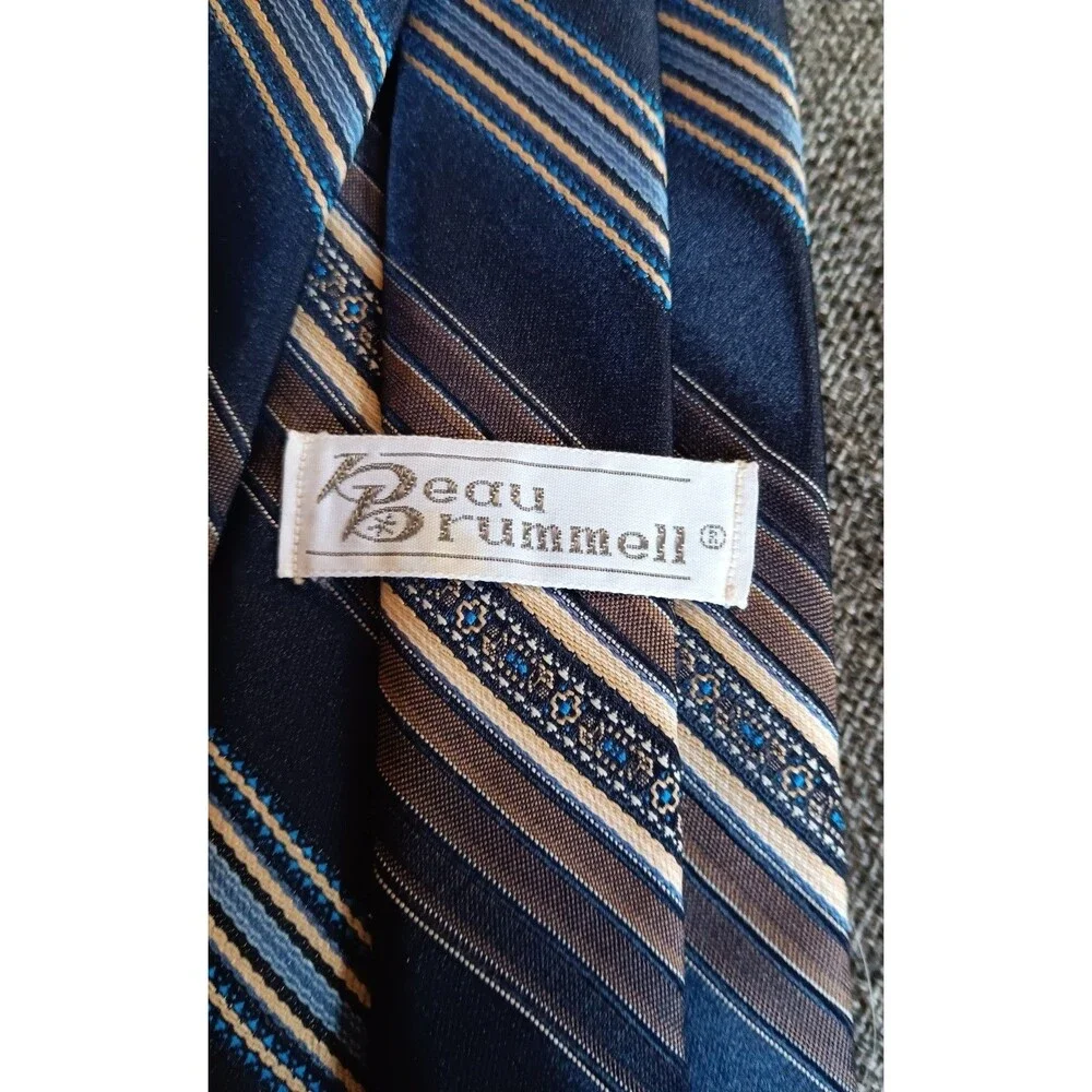 Tie 70s 80s 90s Y2K Mens Beau Brummell Blue Brown Beige 3 Wide 54 Long